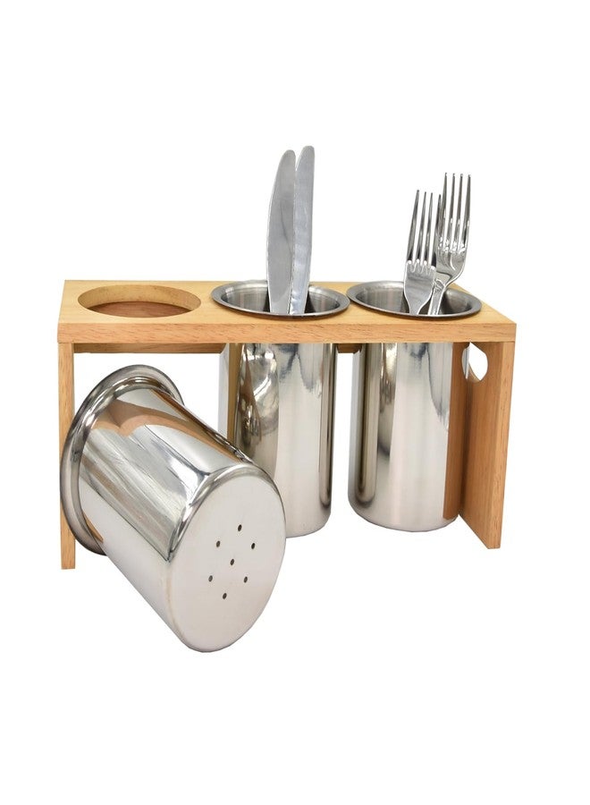 WSKC Flatware Caddy Stainless Steel Cutlery Holder with Wood Base - Image 3